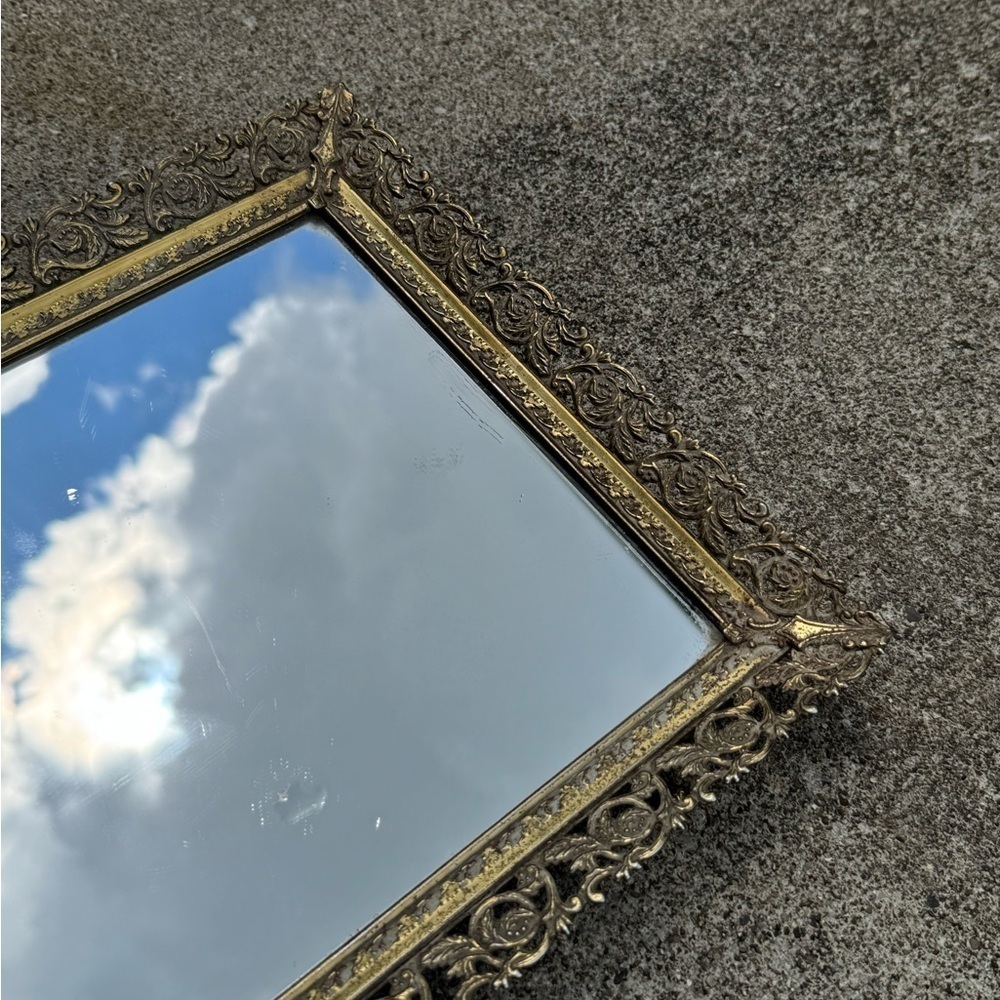 Vintage Estate Ornate Brass Footed Mirrored Vanity Tray - Picture 3 of 11